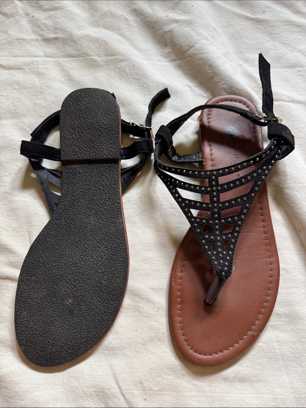 Black Studded T-Strap Women's Sandals